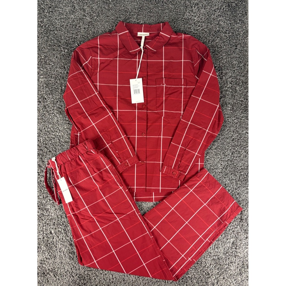 Cozy Earth Sutton Long Sleeve Pajama Set Garnet Windowpane Red Plaid Cotton S